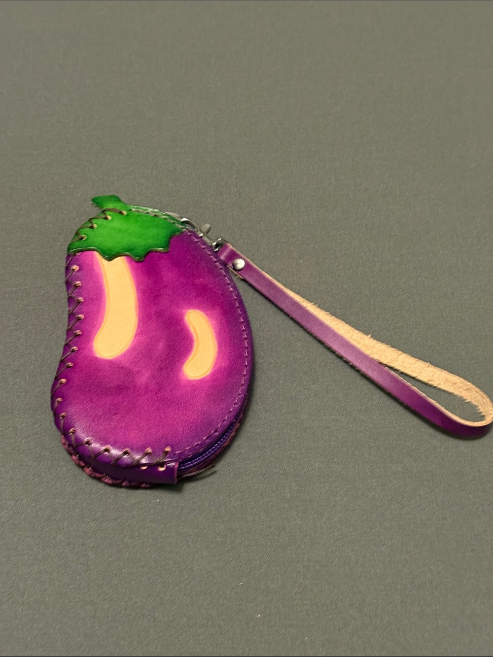 Purple Eggplant Wristlet Key & Card Holder with Green Top